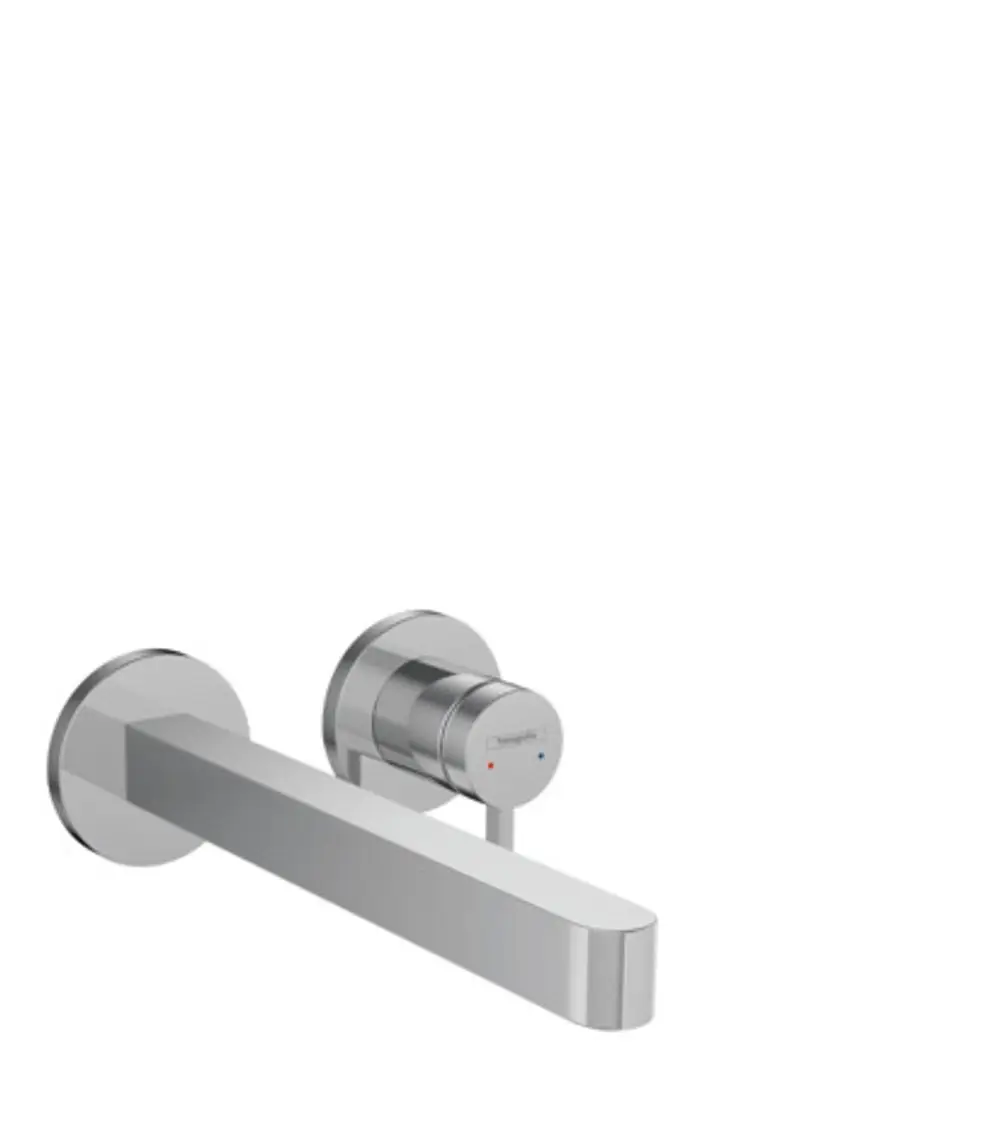 Unterputz-Waschtischmischer von Hansgrohe mit einem schlichten, geraden Auslauf. Der Wasserhahn ist in Chrom gefertigt und für die Wandmontage konzipiert.